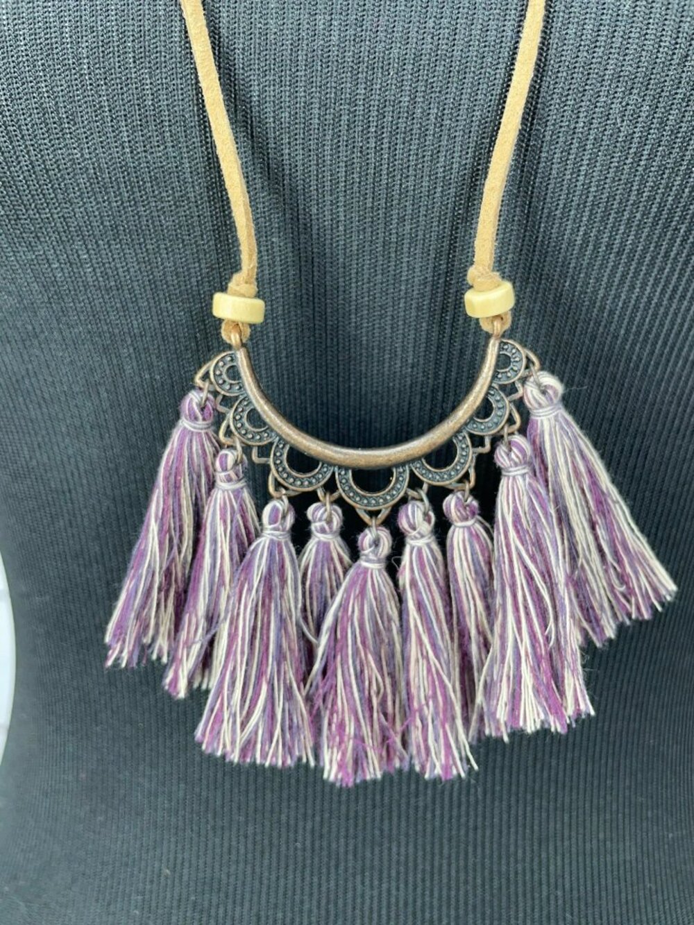 Womens DONGMING Purple & White‎ Tassel Leather Rope Pendant Necklace Boho Ethnic